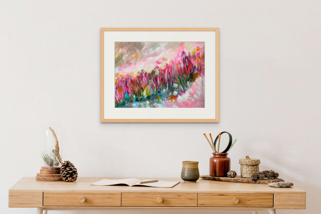 Neon Pink Abstract Landscape Painting on Paper