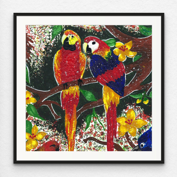 Two Scarlet Macaw Parrots Mixed Media Painting