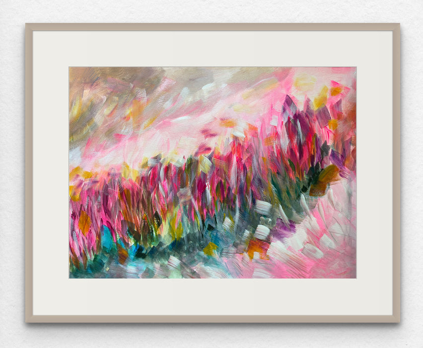 Neon Pink Abstract Landscape Painting on Paper